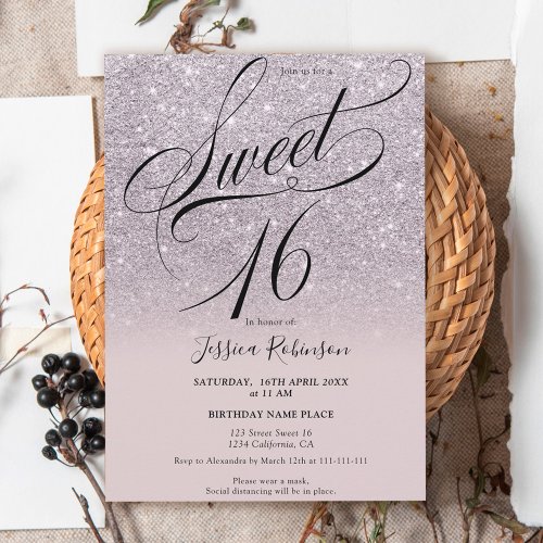 Lavender glitter ombre chic script purple Sweet 16 Invitation