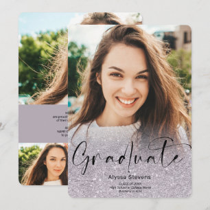 Lavender glitter ombre script 4 photos graduation announcement