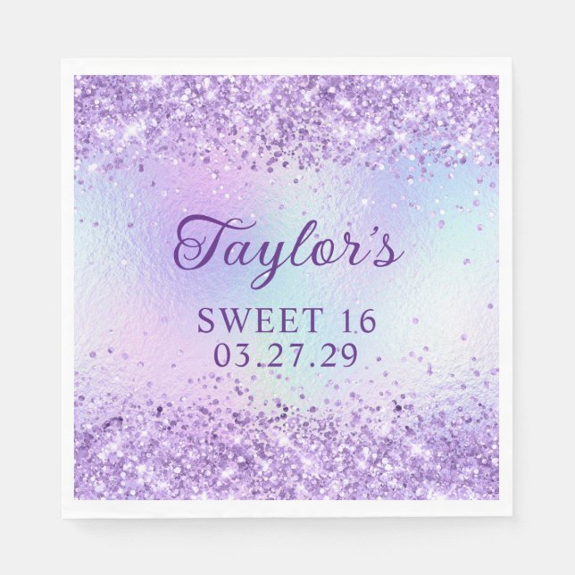 Lavender Glitter Pale Iridescent Foil Sweet 16 Napkins (Front)