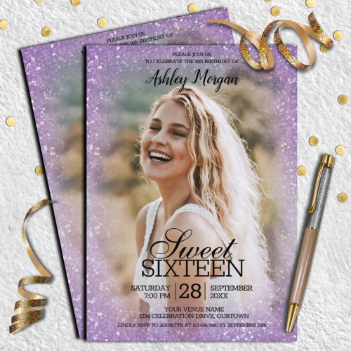 Lavender Glitter Photo Template Sweet 16 Party