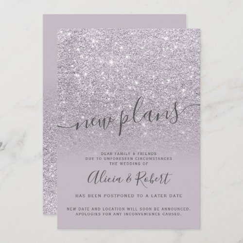 Lavender glitter purple postponed new plans invitation