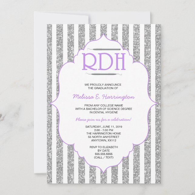 Lavender Glitter RDH graduation dental hygienist Invitation (Front)