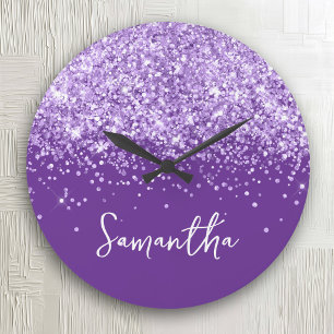 Lavender Glitter Royal Purple Script Name Large Clock