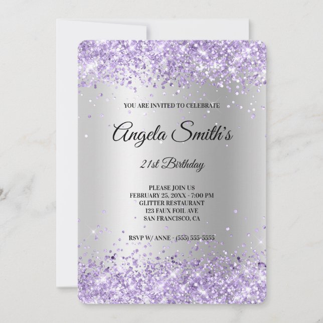 Lavender Glitter Silver Satin Foil 21st Birthday Invitation (Front)