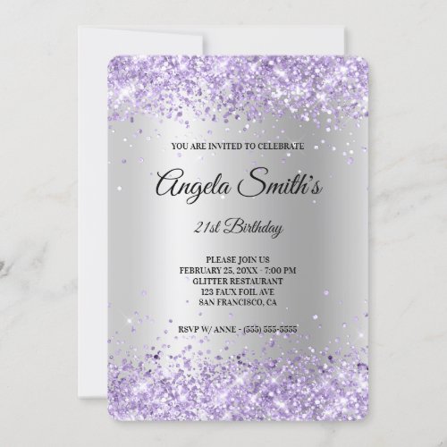 Lavender Glitter Silver Satin Foil 21st Birthday Invitation