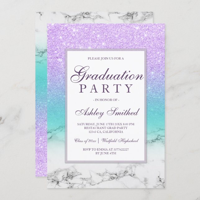 Lavender glitter turquoise marble Graduation party Invitation (Front/Back)