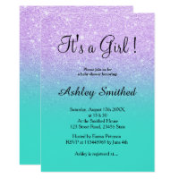 Lavender glitter turquoise ombre girl baby shower card