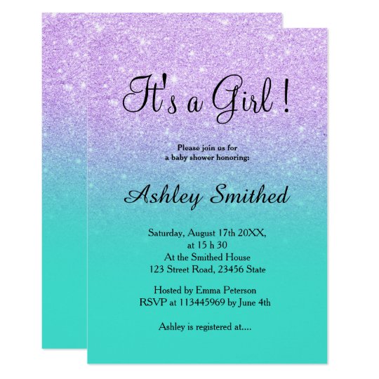 Lavender glitter turquoise ombre girl baby shower card | Zazzle.com