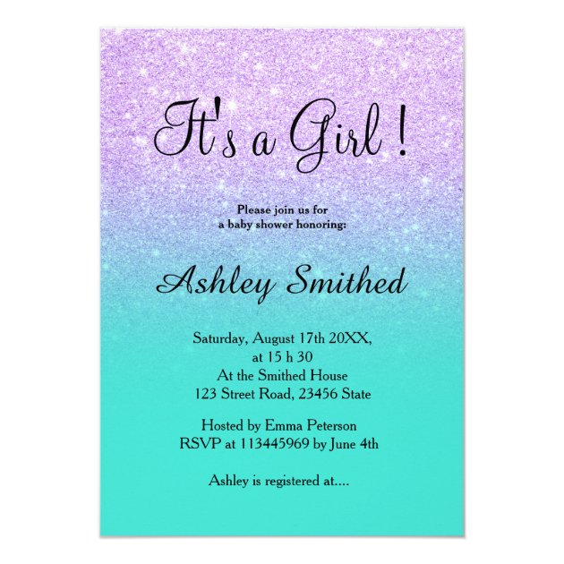 Lavender Glitter Turquoise Ombre Girl Baby Shower Invitation