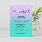 Lavender glitter turquoise ombre girl baby shower invitation (Standing Front)