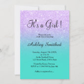 Lavender glitter turquoise ombre girl baby shower invitation (Front)
