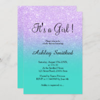 Lavender glitter turquoise ombre girl baby shower invitation