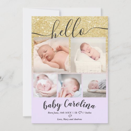 Lavender gold 5 grid photo baby girl birth announcement