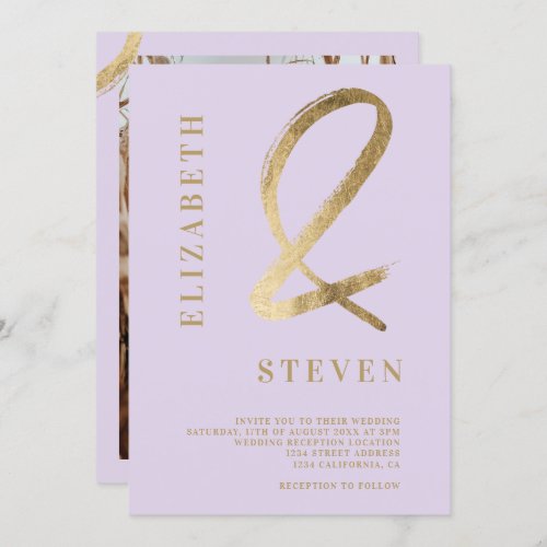 Lavender gold ampersand names photo wedding invitation