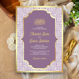 Lavender Gold Arabesque Pattern Muslim Wedding Invitation