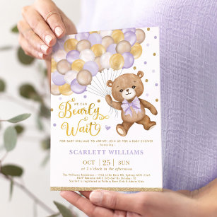 Lavender Gold Brown Teddy Bear Girl Baby Shower Invitation