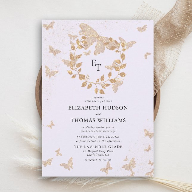 Lavender Gold Butterflies Eucalyptus Crest Wedding Invitation (butterfly wedding invitation lavender gold purple eucalyptus crest elegant modern romantic)