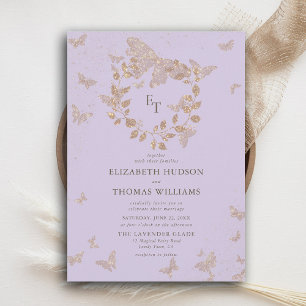 Lavender Gold Butterflies Monograms Wreath Wedding Invitation