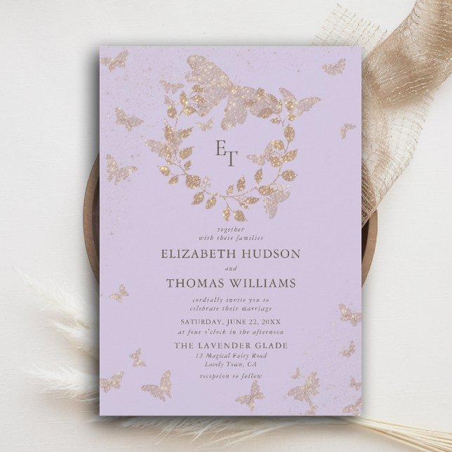 Lavender Gold Butterflies Monograms Wreath Wedding Invitation (butterfly wedding invitation lavender gold purple eucalyptus crest elegant modern classic romantic)