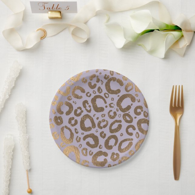 Lavender Gold Cream Glam Leopard Print Baby Shower Paper Plates (Wedding)