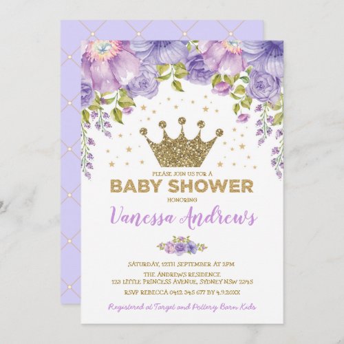 Lavender Gold Crown Princess Floral Baby Shower Invitation