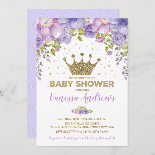 Lavender Gold Crown Princess Floral Baby Shower Invitation (Front/Back)