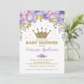 Lavender Gold Crown Princess Floral Baby Shower Invitation (Standing Front)