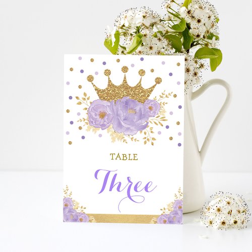 Lavender Gold Crown Princess Shower Table Number