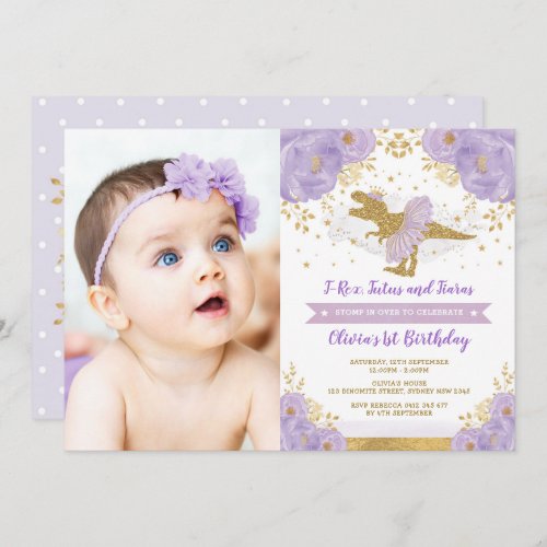 Lavender Gold Dinosaur T Rex Girl Birthday Photo Invitation