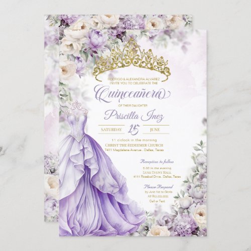 Lavender Gold Elegant Gown Princess Quinceaera Invitation