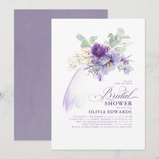 Lavender & Gold Elegant Modern Boho Bridal Shower Invitation (Front/Back)