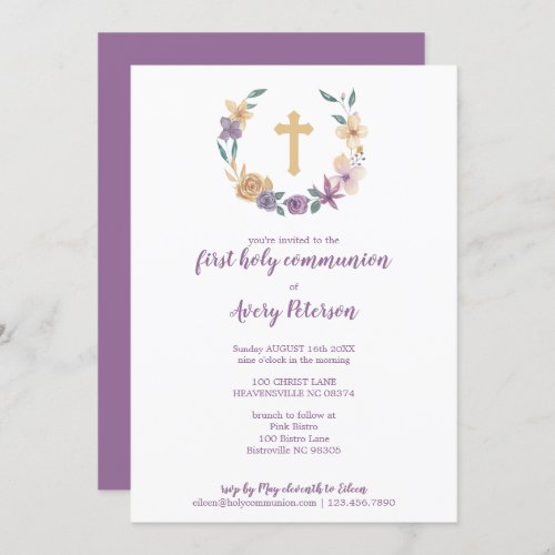 Lavender  Gold Floral Cross First Holy Communion Invitation