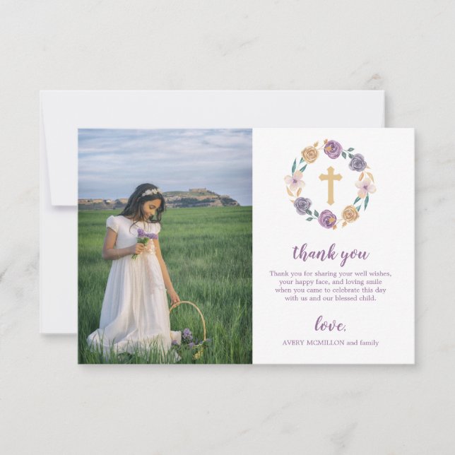 Lavender & Gold Floral Cross First Holy Communion Thank You Card (Front)
