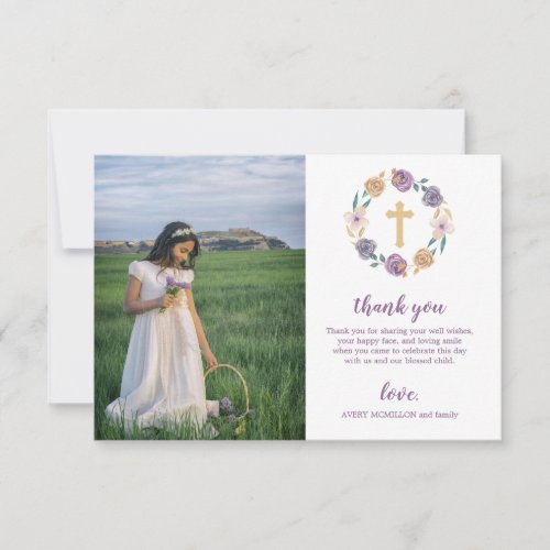 Lavender  Gold Floral Cross First Holy Communion Thank You Card