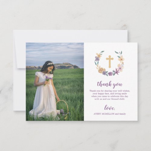 Lavender  Gold Floral Cross First Holy Communion Thank You Card