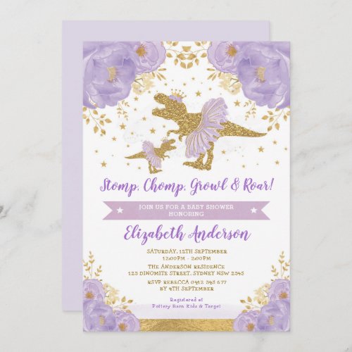 Lavender Gold Floral Dinosaur Girl Baby Shower Invitation