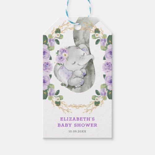 Lavender Gold Floral Greenery Elephant Baby Shower Gift Tags