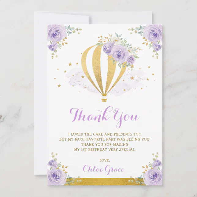 Lavender Gold Floral Hot Air Balloon Birthday Thank You Card | Zazzle