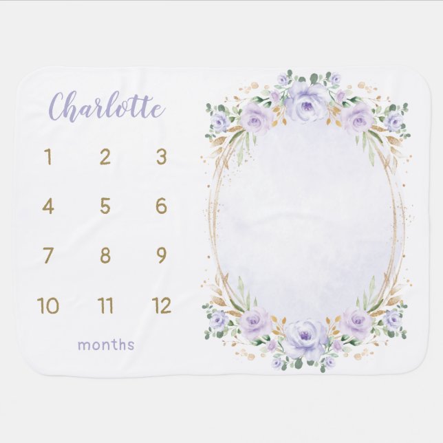 Lavender Gold Floral Rose Garden Monthly Milestone Baby Blanket (Horizontal)