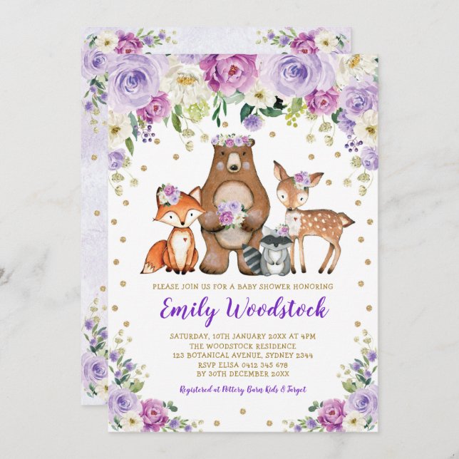 Lavender Gold Floral Woodland Animals Baby Shower Invitation (Front/Back)