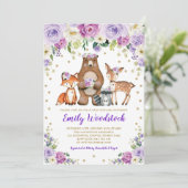 Lavender Gold Floral Woodland Animals Baby Shower Invitation (Standing Front)
