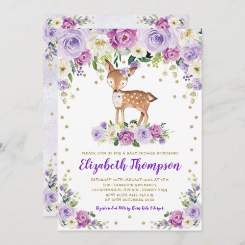 Lavender Gold Floral Woodland Deer Baby Shower Invitation