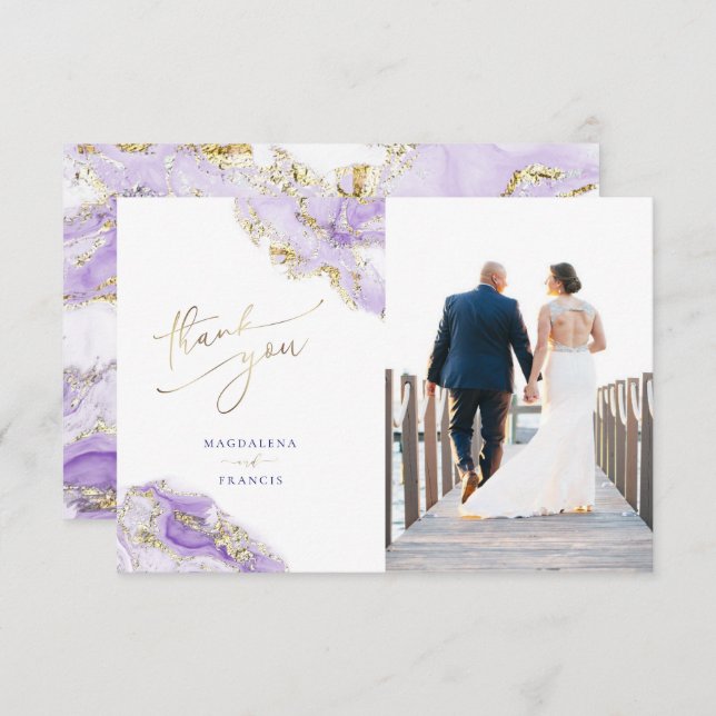 lavender gold fluid marble wedding thank you card (Front/Back)