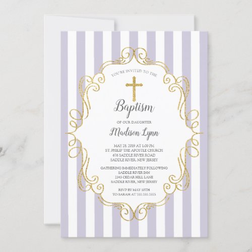 Lavender  Gold Frame Girls Baptism Invitation