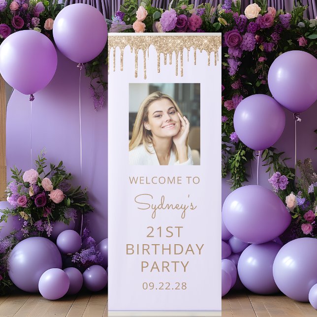 Lavender Gold Glitter Drip Photo 21st Birthday Retractable Banner (Creator Uploaded)