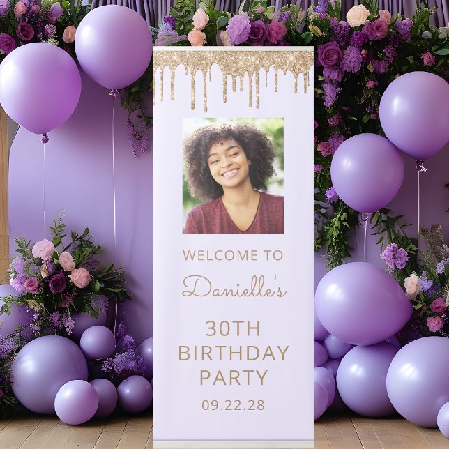 Lavender Gold Glitter Drip Photo 30th Birthday Retractable Banner (Creator Uploaded)