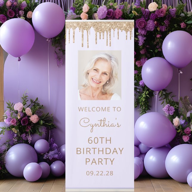 Lavender Gold Glitter Drip Photo 60th Birthday Retractable Banner (Creator Uploaded)