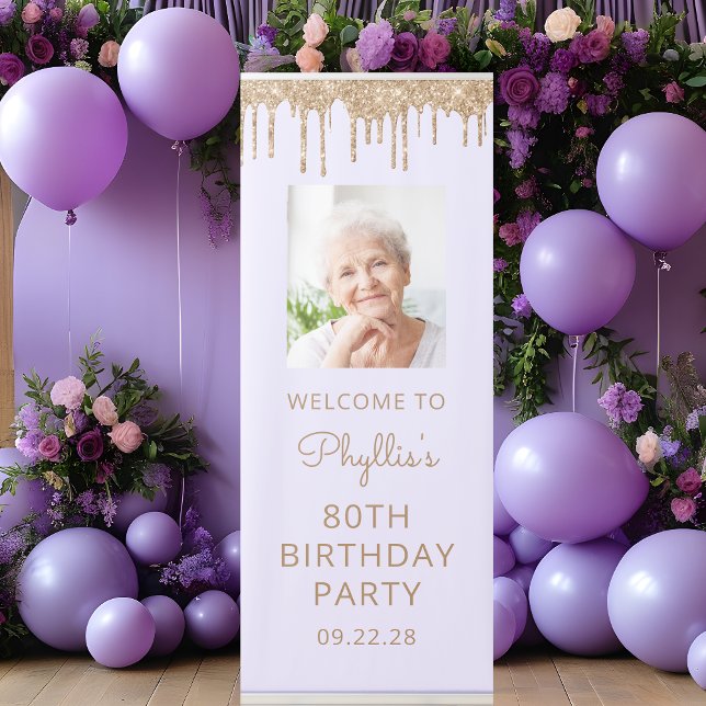 Lavender Gold Glitter Drip Photo 80th Birthday Retractable Banner (Creator Uploaded)