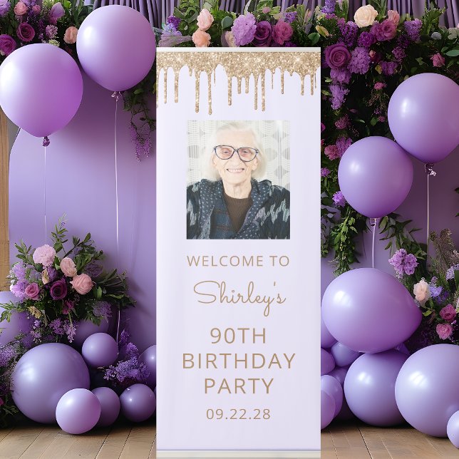 Lavender Gold Glitter Drip Photo 90th Birthday Retractable Banner (Creator Uploaded)