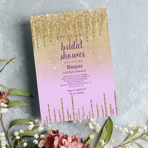 Lavender gold glitter ombre drip Bridal Shower Invitation